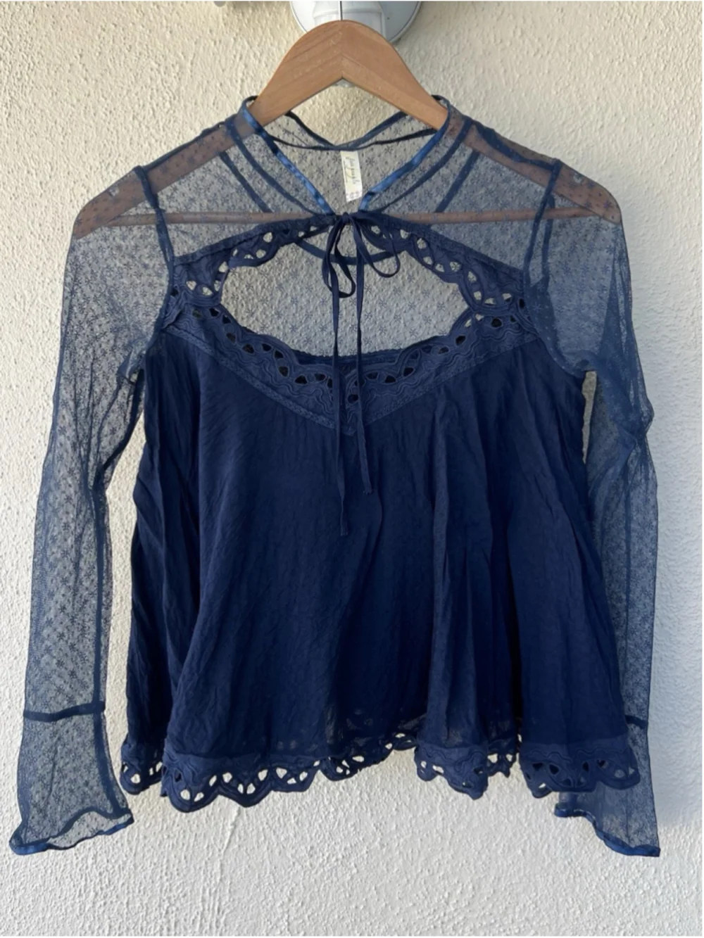 VTG Free People The Originals Cropped Mixed Lace Keyhole Top XS Sheer Dot Whimsy